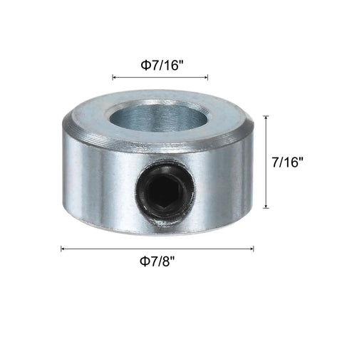 4 Piece Set Screw Shaft Collars 7 16 Inch Bore By 7 8 Inch OD Zinc Steel Axle Clamps With Hex Wrench close-up view showing dimensions and design.
