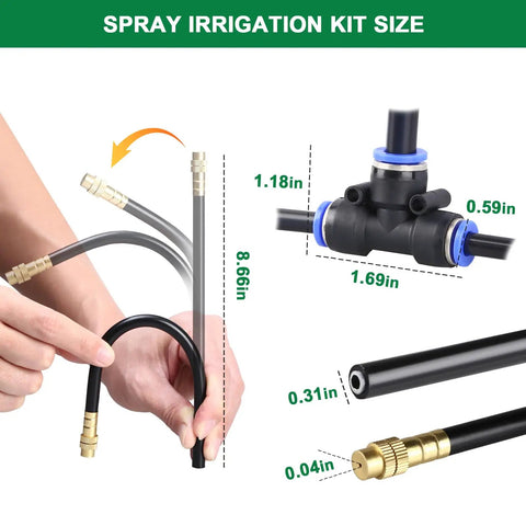 Drip Irrigation System Upgrade Kit With 100 Feet Of One Quarter Inch Tubing And 24 Adjustable Copper Nozzles, connection details.