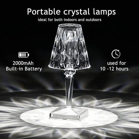 Rose Crystal Touch Table Lamp With 2000mAh Rechargeable Battery, Diamond Shaped LED Light With 3 Color Modes