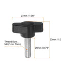 Heavy Duty Plastic Tee Wing Thumb Screws M6 X 20mm Set Of 20 Black T Knobs showing dimensions of 27mm wings and 20mm thread.