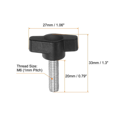 Heavy Duty Plastic Tee Wing Thumb Screws M6 X 20mm Set Of 20 Black T Knobs showing dimensions of 27mm wings and 20mm thread.