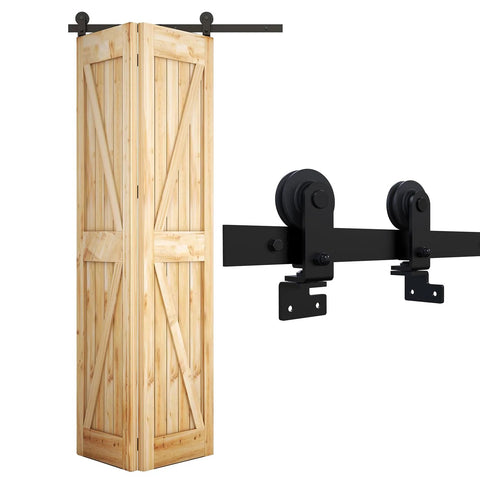 Heavy Duty Bi Folding Sliding Barn Door Hardware Kit For Two Doors 3 Foot Track 36 Inch Frosted Black Carbon Steel Rust Resistant Durable Hardware Kit Only No Door