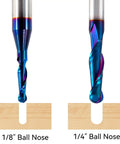 Two Piece Ball Nose End Mill Set For CNC Router Bits, Carbide With Nano Blue Coating, 1/8" and 1/4" Cuts, shown in milling use