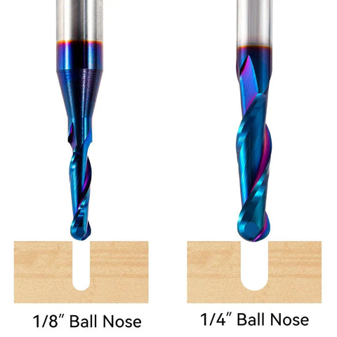 Two Piece Ball Nose End Mill Set For CNC Router Bits, Carbide With Nano Blue Coating, 1/8" and 1/4" Cuts, shown in milling use