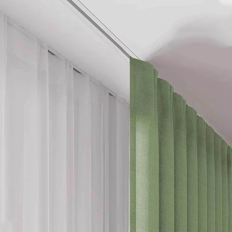 Hidden Ceiling Curtain Track System for Recessed Installations With Aluminum Alloy Rail And Smooth Pulley No Light Leakage Heavy Curtain Support Ideal For Living Room Bedroom Shower And Room Divider 1 Meter Length, installed with green curtains and white sheer panel