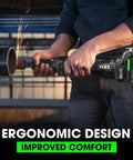 Heavy Duty 24 Volt Brushless Cordless Die Grinder in use, ergonomic design, grinding metal pipe at a worksites.