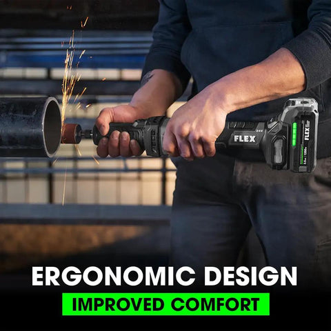 Heavy Duty 24 Volt Brushless Cordless Die Grinder in use, ergonomic design, grinding metal pipe at a worksites.