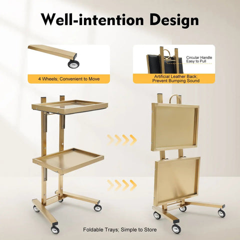 Two Tier Stainless Steel Rolling Cart With Wheels, Foldable Salon Tray Trolley For Tattoo Studio, Golden Finish, side view