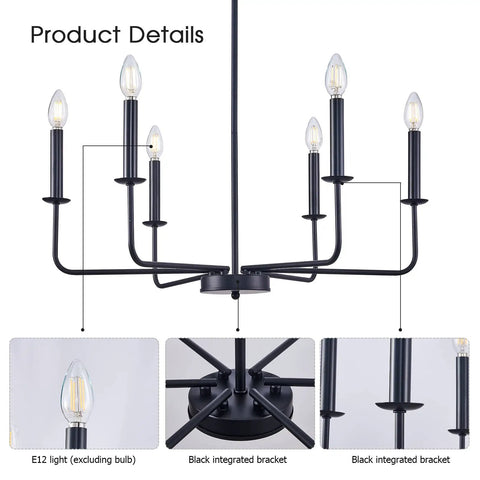 Six Light Black Farmhouse Chandelier With Modern Pendant Design For Dining Room Kitchen Island Entryway Living Room Rustic Industrial Candle Style Ceiling Light