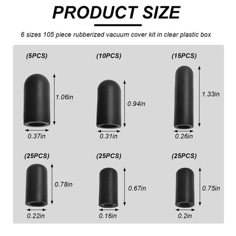 Boss 105 Piece Vacuum Cap Kit with six sizes rubber end plugs dimensions for car hoses, carburetor, manifold vacuum lines
