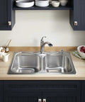 Contemporary Kitchen Sink Soap Dispenser 16 Oz For Liquid Soap Dishwashing Liquid Or Hand Lotion Polished Chrome Easy Top Fill Refillable No Mess Install Sleek Modern Finish Keeps Countertop Tidy next to sleek modern faucet against a wooden countertop and dark cabinetry backdrop.