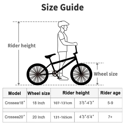 Size guide for Freestyle BMX Bike For Kids 20 Inch Beginner Friendly Bicycle For Ages 7 To 13 With Durable Hi Ten Steel Frame Black With Green Tires