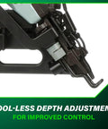 Close-up of tool-less depth adjustment on Finish Nailer With Air Duster For Crown And Base Molding 15 Gauge Angled Pneumatic Nailer.