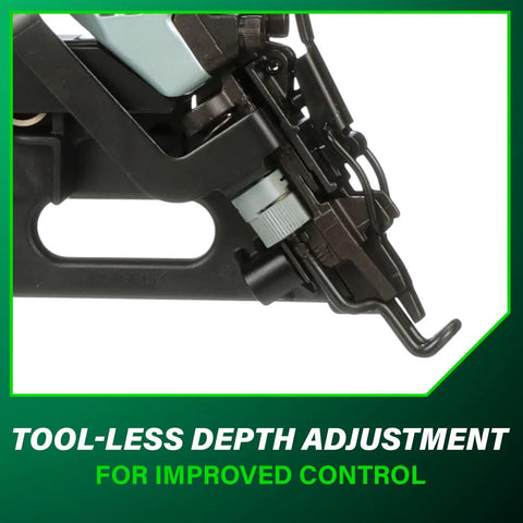 Close-up of tool-less depth adjustment on Finish Nailer With Air Duster For Crown And Base Molding 15 Gauge Angled Pneumatic Nailer.