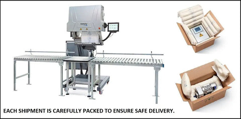 Industrial machine for packaging next to images of safely packed WEG 200V 208V 5HP Air Compressor Electric Motor 184T Frame in box.