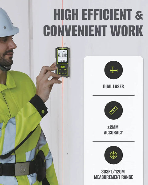 Dual Laser Distance Meter With 393 Ft Range Rechargeable Measure Tool held by worker for construction measurement
