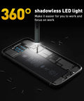 Electric Cordless Screwdriver 66 In 1 Kit With Dual Speed Torque lighting up a phone battery with 360-degree LED light.