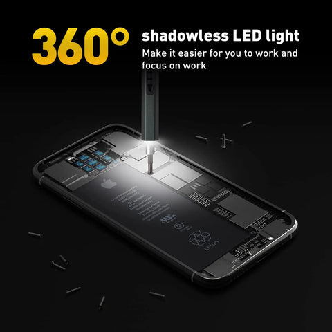Electric Cordless Screwdriver 66 In 1 Kit With Dual Speed Torque lighting up a phone battery with 360-degree LED light.