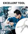 Heavy Duty Drill Press Clamp For Woodworking And Welding Jobs, Carbon Steel Vise Hold Down Fixture With Silver Finish To Boost Accuracy. Worker using drill press in shop.