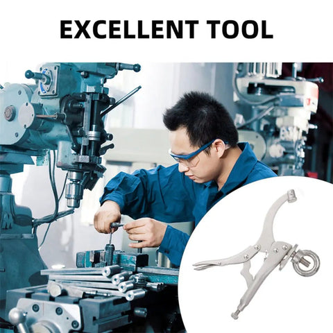 Heavy Duty Drill Press Clamp For Woodworking And Welding Jobs, Carbon Steel Vise Hold Down Fixture With Silver Finish To Boost Accuracy. Worker using drill press in shop.