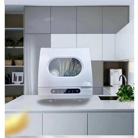 Compact Portable Countertop Dishwasher Offering No Sweat Installation And Smart Auto Wash Cycles Perfect For Small Kitchens Where Convenience Is King Plus Built In Antivirus Sterilizing Tech Keeps Dirty Plates Clean All Day Long on a kitchen counter.