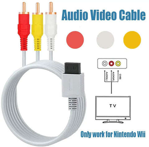 Composite AV cable for 4 In 1 Wii Replacement Cables Set, showing red, white, yellow connectors for easy setup to TV.