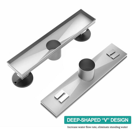 36 Inch Linear Shower Drain With Removable Wave Pattern Grate, Matte Black 304 Stainless Steel Floor Drain, V design view