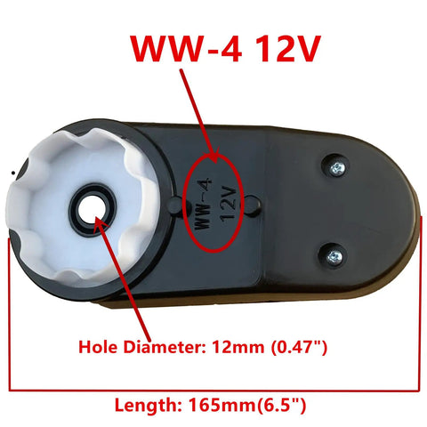 Close-up of 12V RS390 gearbox component, hole diameter 12mm, labeled WW-4 12V, part of Two Pack 12V RS390 16000RPM Gearbox With DC Motor