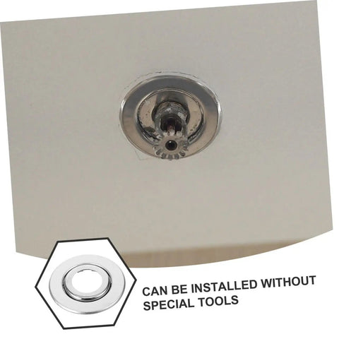 Close-up of stainless steel double disc escutcheon plate for fire sprinkler heads, showcasing easy installation.