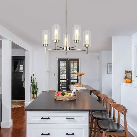 5-Light Modern Chandelier With Clear Glass Shades And Brushed Nickel Finish For Dining Room Living Room Bedroom Home Decor Contemporary Ceiling Lighting Fixture hanging over kitchen island