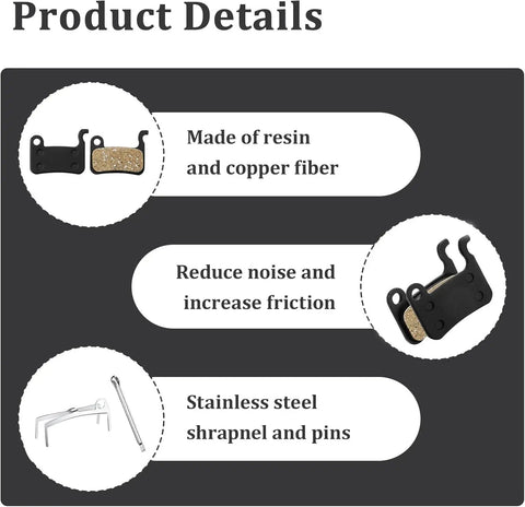 Product details image showing 4 Pairs Resin Disc Brake Pads For MTB Mountain Bikes with resin and copper fiber material.