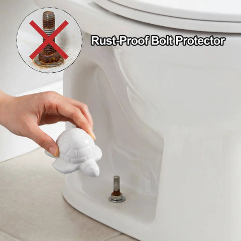 Top Shelf White Ceramic Sea Turtle Toilet Bolt Covers 2 Piece Set Fresh Coastal Bathroom Decor Screw Caps being placed on toilet.