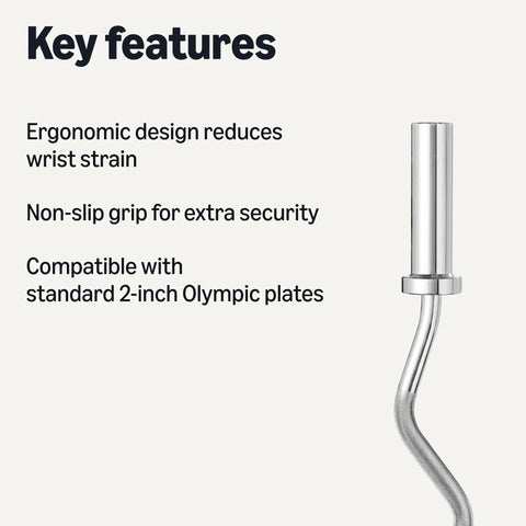 47 Inch Olympic Curl Barbell Bar With Non Slip Knurled Grip Chrome Finish, key features and compatibility with 2-inch plates