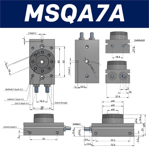 MSQA7A pneumatic rotary cylinder air table actuator; front and side views with mounting holes and dimensions.