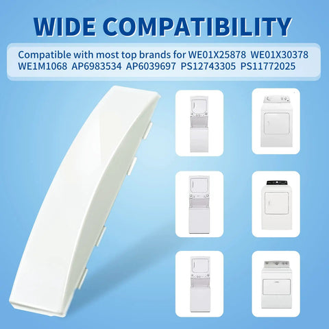 White Dryer Door Handle Compatible With GE Washers And Dryers, Replacement Part WE01X30378 WE01X25878 WE1M1068 PS11772025 PS12743305 AP6983534, Made From High Temp ABS Plastic, Super Easy Install And Built To Last