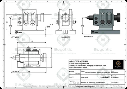 Technical drawing of heavy duty adjustable tailstock for HV4-HV6 rotary tables, showing multiple views and dimensions.