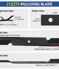 Detailed view of 21227S mulching blade specifications including dimensions and design, suitable for various 52-inch mower decks.