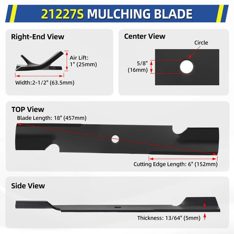 Detailed view of 21227S mulching blade specifications including dimensions and design, suitable for various 52-inch mower decks.