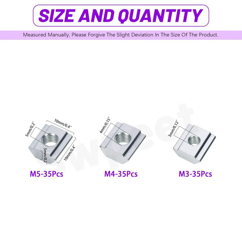 Three Size Nickel Plated Carbon Steel T Sliding Nuts Kit 105 Piece Assortment M3 M4 M5 For 2020 Aluminum Profiles quantity diagram