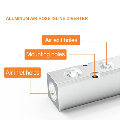 Aluminum Air Manifold 3 Way 5 Port Pneumatic Splitter With 1 Quarter Inch NPT Output shown with labeled air holes