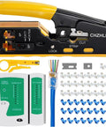 DIY Ready RJ45 Crimp Tool Pass Through Kit With 50 Connectors And Cable Tester 6P8P Multi Function Cat5e Cat6 Crimping Tool And Wire Stripper