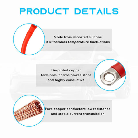 Heavy Duty 4 AWG Battery Cable 24 Inch Red Tinned Copper Auto Wire With 5 16 Lug Terminals details, includes silicone cover, tin copper terminals.