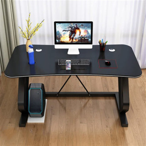 Prime Setup White Computer Desk With Built In Phone Slot And Utility Shelf Ergonomic Gaming Table For Laptop PC Workload View from above with monitor, keyboard, and phone holder.