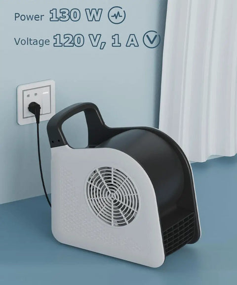 High Velocity Blower Fan For Drying, Cooling And Ventilating Portable Air Mover with 185 Degree Rotation plugged into a wall outlet