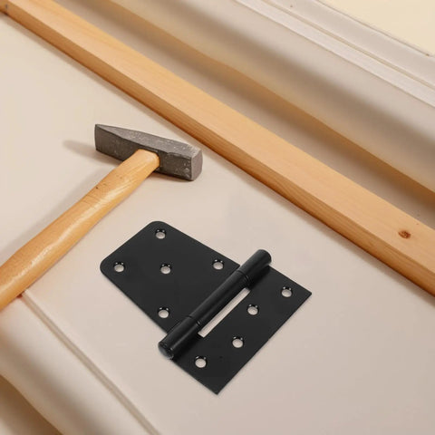 Heavy Duty Furniture Hinges Set in Black Carbon Steel with Screws Gate and Shed Door Hinges beside hammer and wood piece
