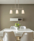 Gold Farmhouse Linear Pendant Light for Dining Room and Kitchen Island, 3 Light Modern Chandelier with White Linen Fabric Shades