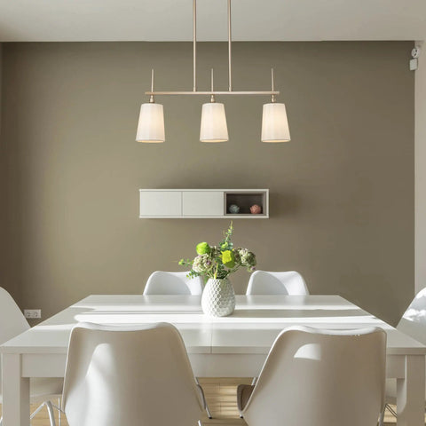 Gold Farmhouse Linear Pendant Light for Dining Room and Kitchen Island, 3 Light Modern Chandelier with White Linen Fabric Shades