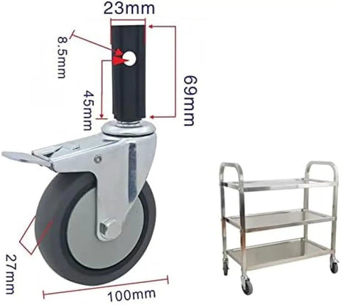 Heavy Duty Lockable Swivel Casters 4 Pack 108mm Universal Trolley Wheels No Drama Replacement Rollers For Kitchen Service Cart dimensions and installation on a utility cart.