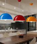 Glossy Dome Semicircle Hanging Lamp, Colorful Ceiling Pendant Light Fixture, Industrial Chandelier with blue, red, orange shades in kitchen.