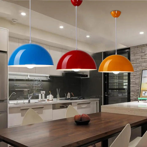 Glossy Dome Semicircle Hanging Lamp, Colorful Ceiling Pendant Light Fixture, Industrial Chandelier with blue, red, orange shades in kitchen.